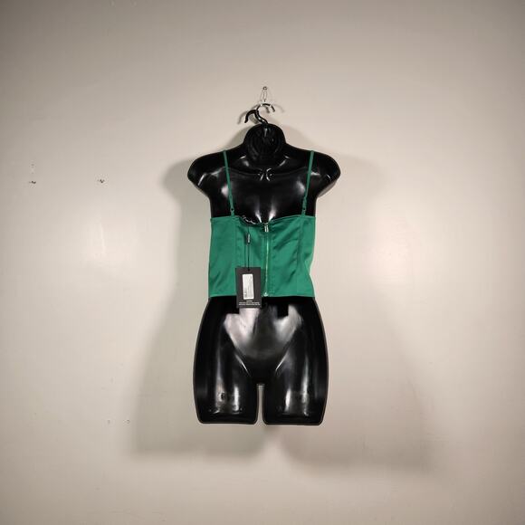 PRETTYLITTLETHING Corset Top Womens 4 Emerald Green Satin Fitted Cutout Hem NEW - Picture 8 of 10